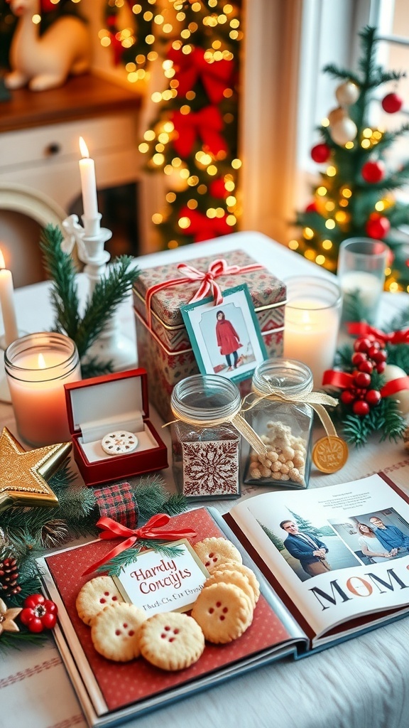 A collection of homemade Christmas gifts including candles, cookies, jewelry, and a photo album on a festive table.